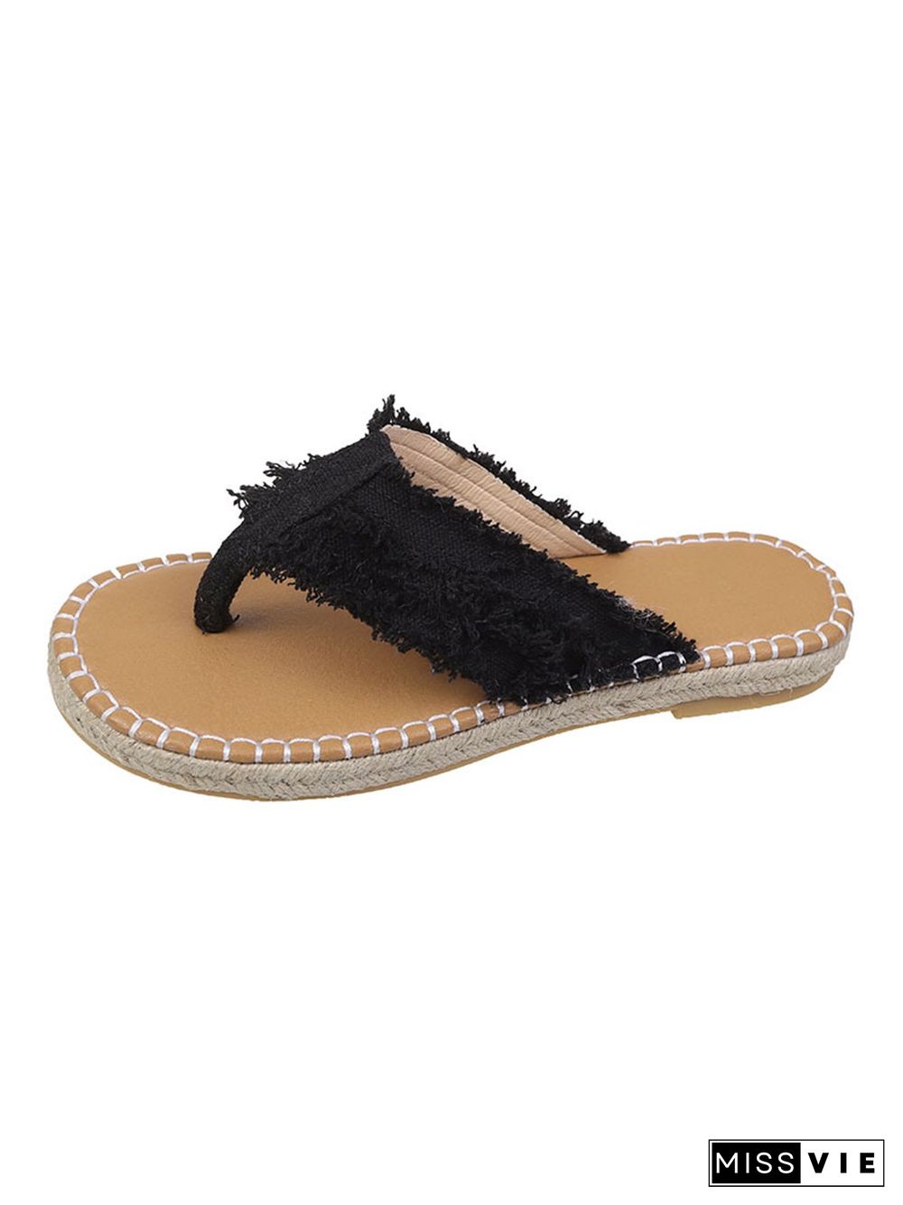 Distressed Denim Fringe Straw Bottom Flip Flops