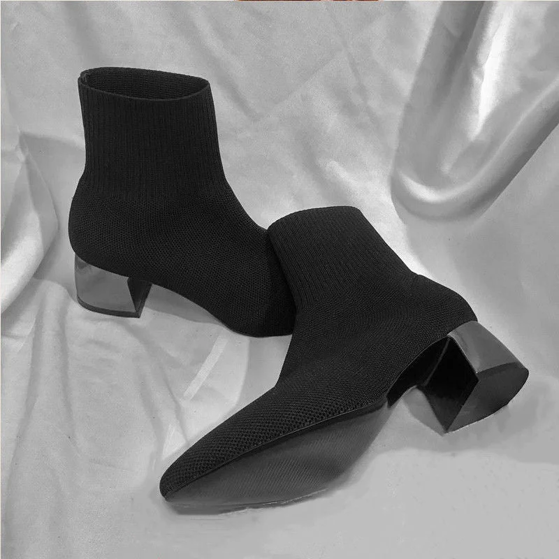 comemore Autumn Winter Women's Knit Elastic Socks Boots Pointed Toe Chunky Heel Boots Black Fashion Ankle Chelsea Boots Shoes