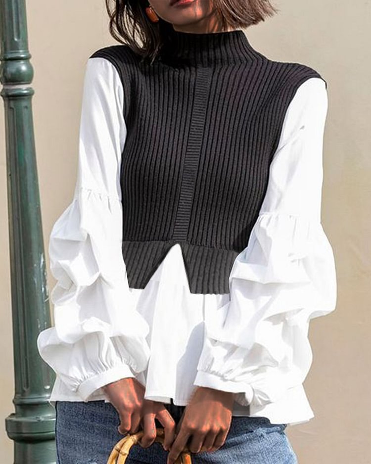 Stand Collar Slit Sweater Blouse