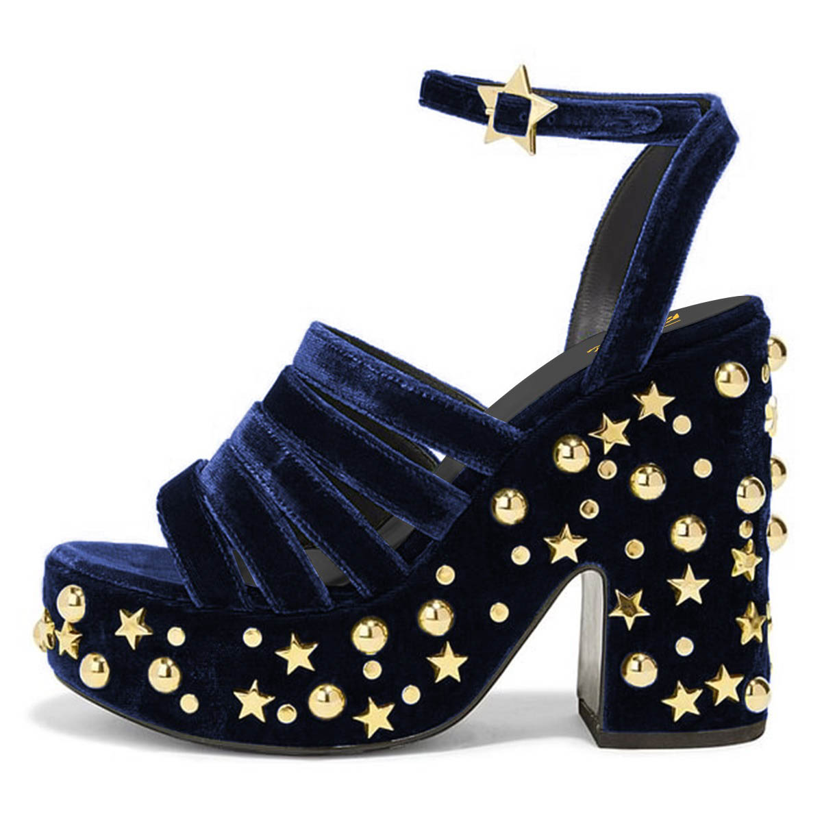 Women's Navy Round Toe Strappy Studded Platform High Heels Sandals Nicepairs