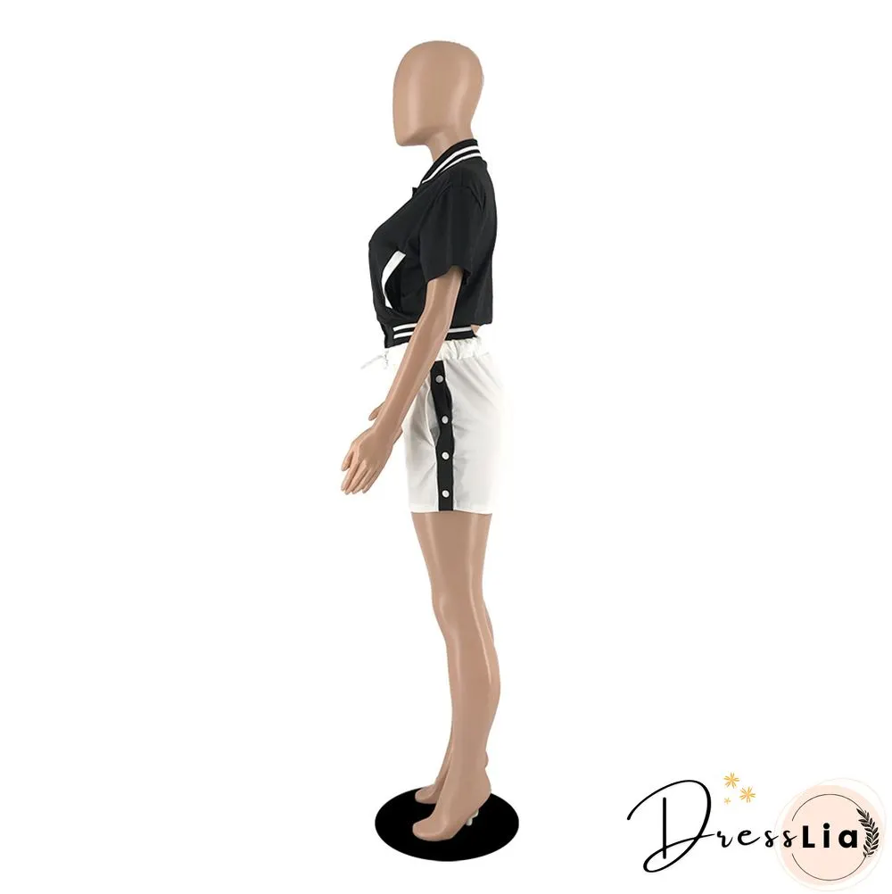 Short Sleeve Button Baseball Jacket and Shorts Set