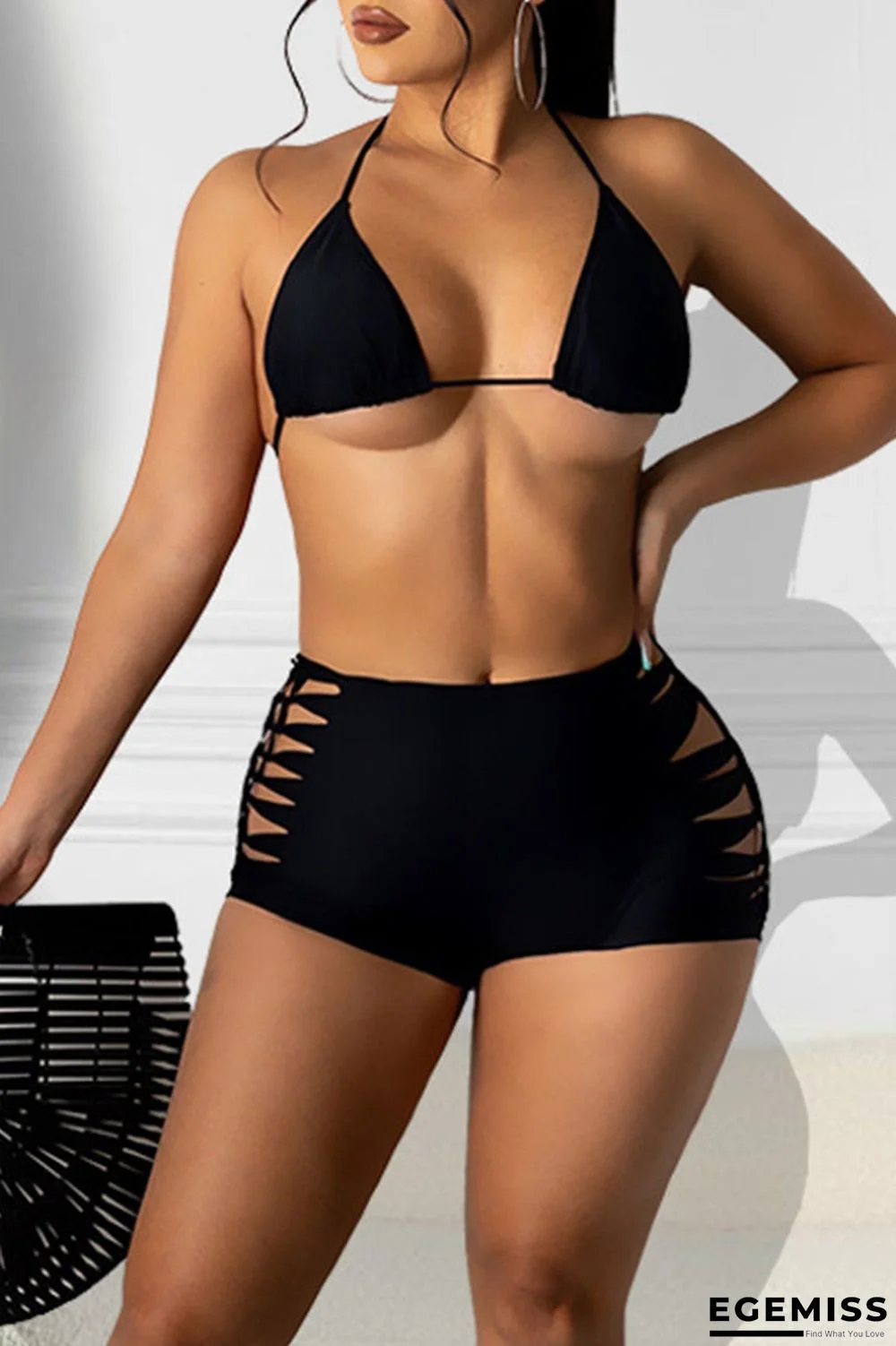 Black Sexy Solid Hollowed Out Frenulum Swimwears | EGEMISS