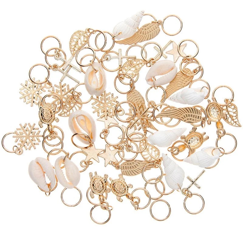 50 Pcs/set Fashion Shell Hands Leaves Star Conch Snowflake Pendant Charms Rings Set Hair Clip For Women