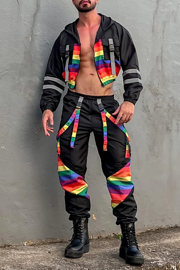 Ciciful Rainbow Striped Patchwork Hooded Jacket Cargo Pants Two Piece Set