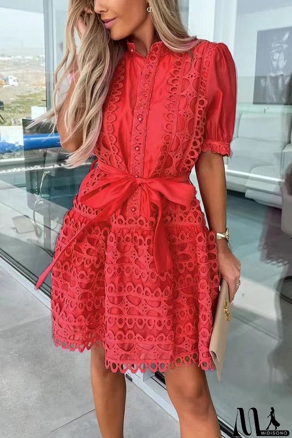 MidiSono - Crush on You Crochet Lace Bow Belt Mini Dress