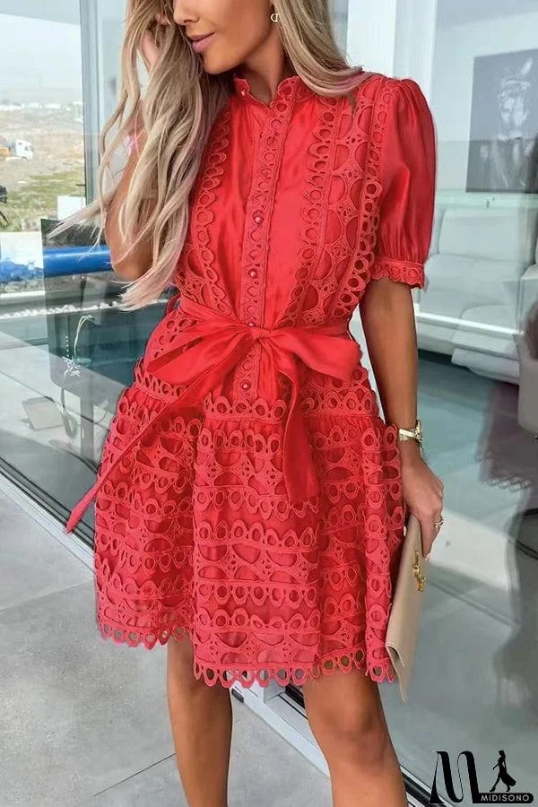MidiSono - Crush on You Crochet Lace Bow Belt Mini Dress