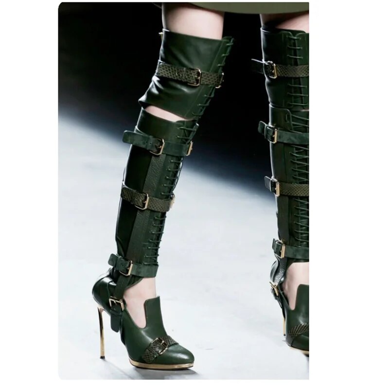 VCSHOES Black Button Decor Hollow Boots Thin High Heel Novel Big Size Woman Shoes Zapatillas Mujer