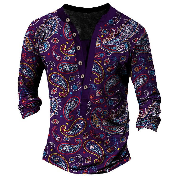 BrosWear Men's Vintage Printed Long Sleeve  Henry Shirt
