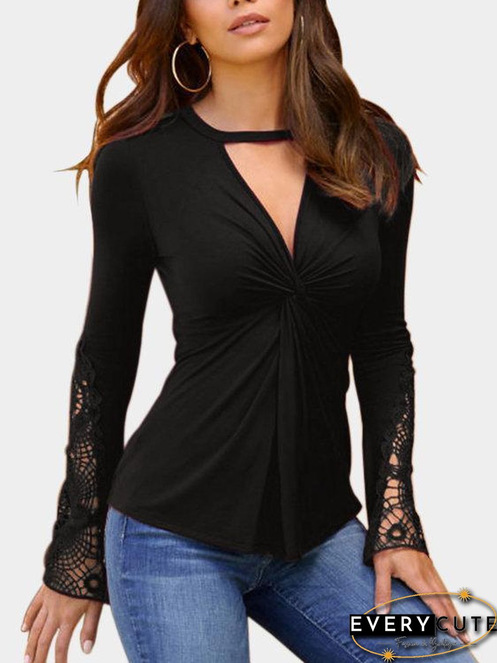 Lace Detail Twist Knot Design V-neck Long Sleeves Blouse