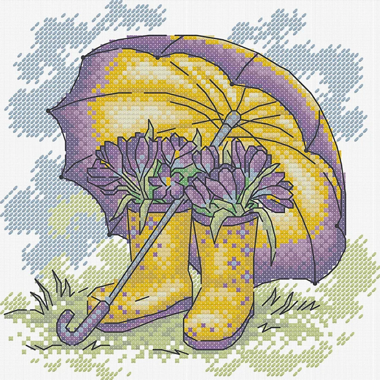 【Joy Sunday Brand】Spring Umbrella and Rain Boots 21*20cm 14CT Stamped Canvas Cross Stitch(half stitch+backstitch) gbfke