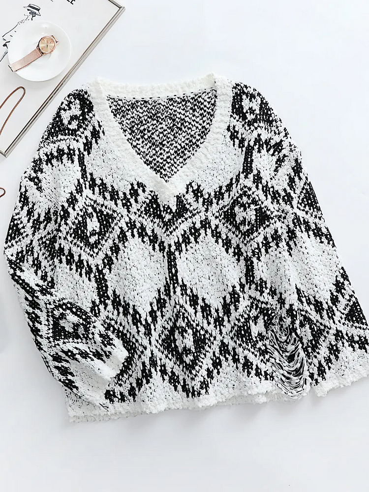 Women's Knitted Sweater Geometric Pattern Ripped Side Hem Sweater