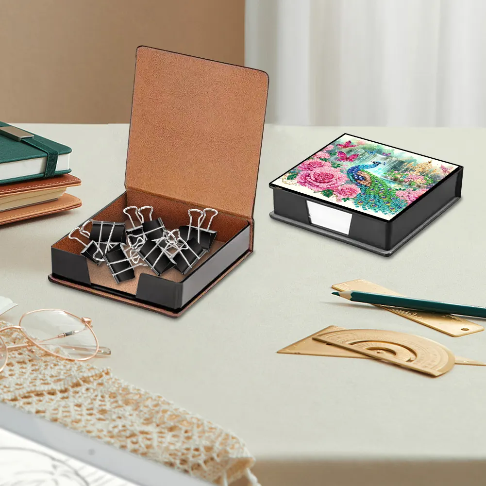 DIY Flower Peacock Leather Diamond Art Note Box with 160 Sheets of Paper for Beginners