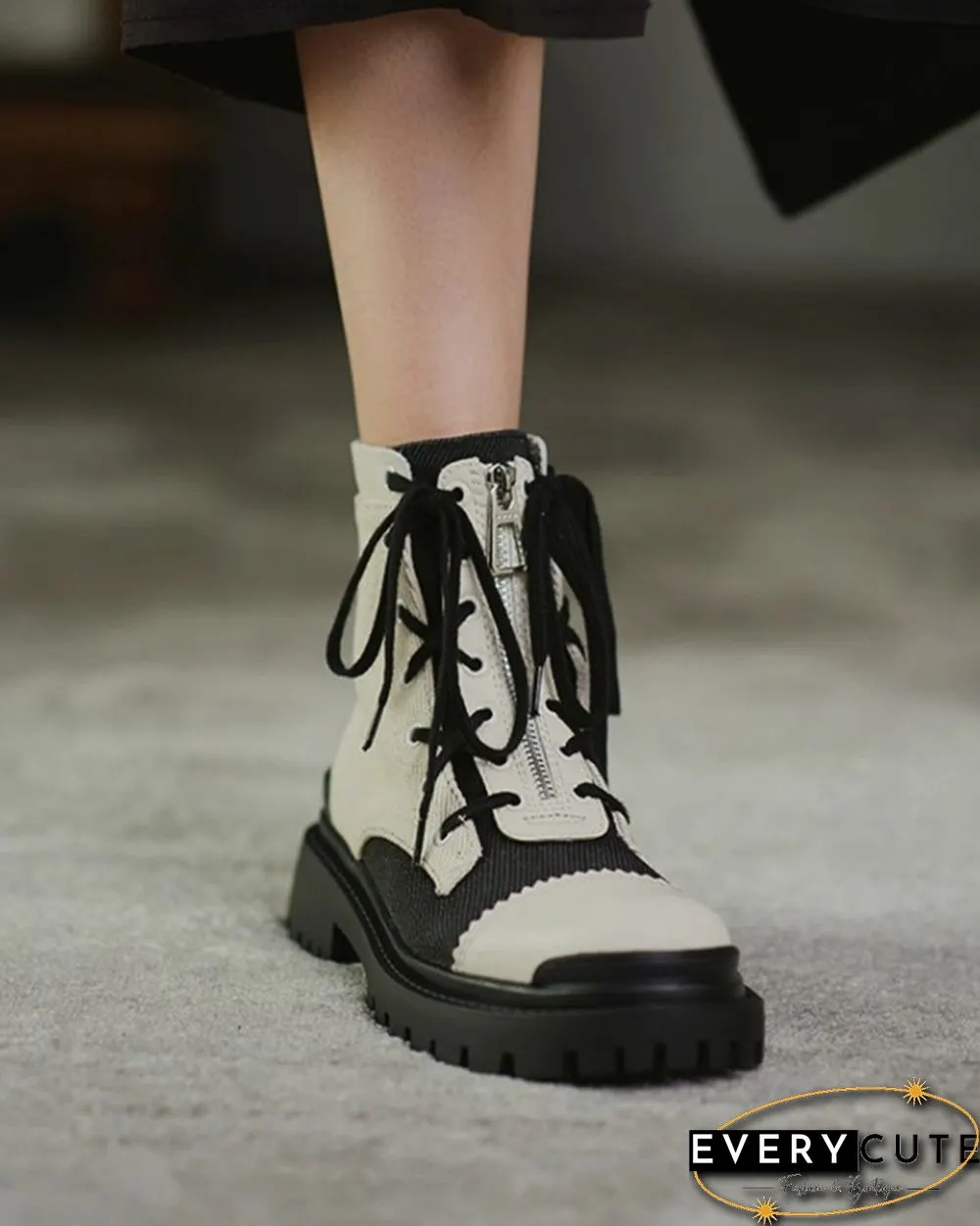 Color Patchwork Round-toe Lace-up Boots