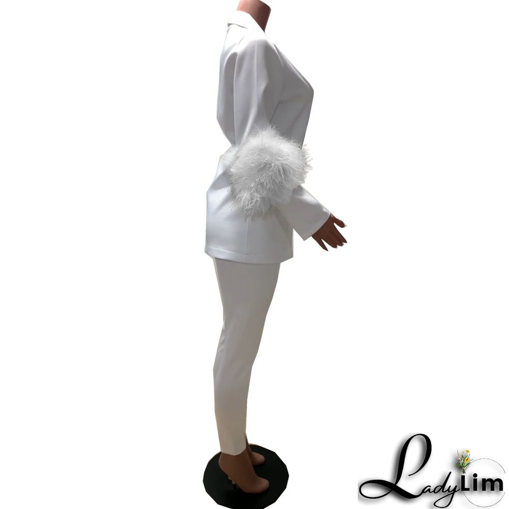 Fall Women Feather Blazer and Pant Two Piece