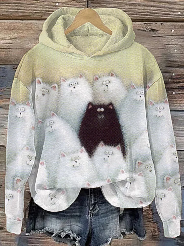 Comstylish Funny Cat Print Cat Lover Casual Cozy Hoodie