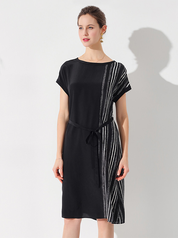 Silk Dress Black Striped Belted