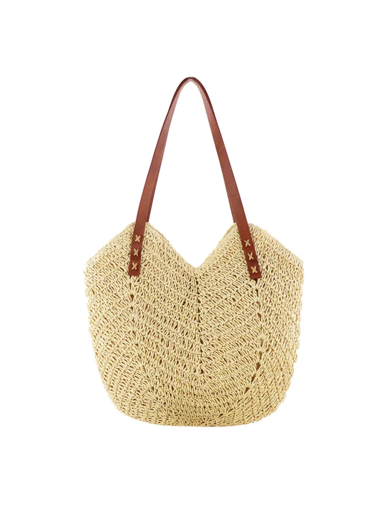 Summer Women Straw Handbag Hand Woven Shoulder Bag Travel Beach Hollow Tote