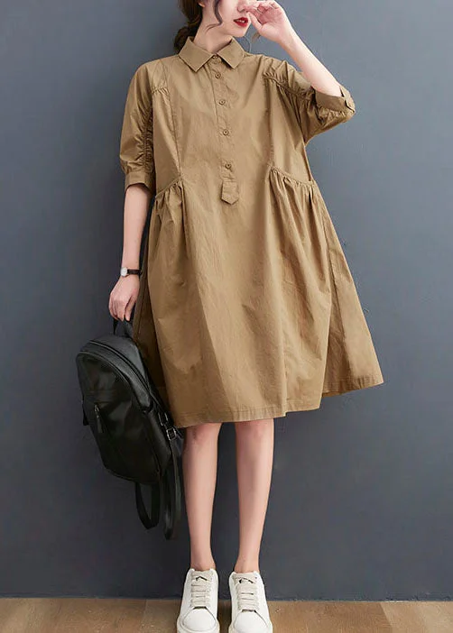 Classy Khaki Peter Pan Collar Pockets Cotton Dress Half Sleeve