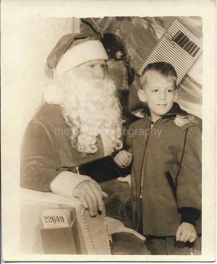 SANTA CLAUS AND FRIEND Found Photo Poster painting bw BOY Christmas Portrait VINTAGE 010 4 F