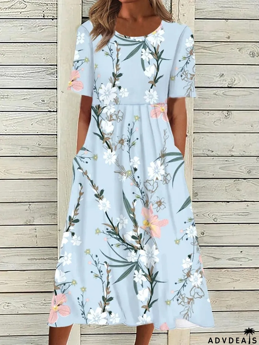 Women Short Sleeve Scoop Neck Floral Printed Polka Dot Graphic Midi Dress