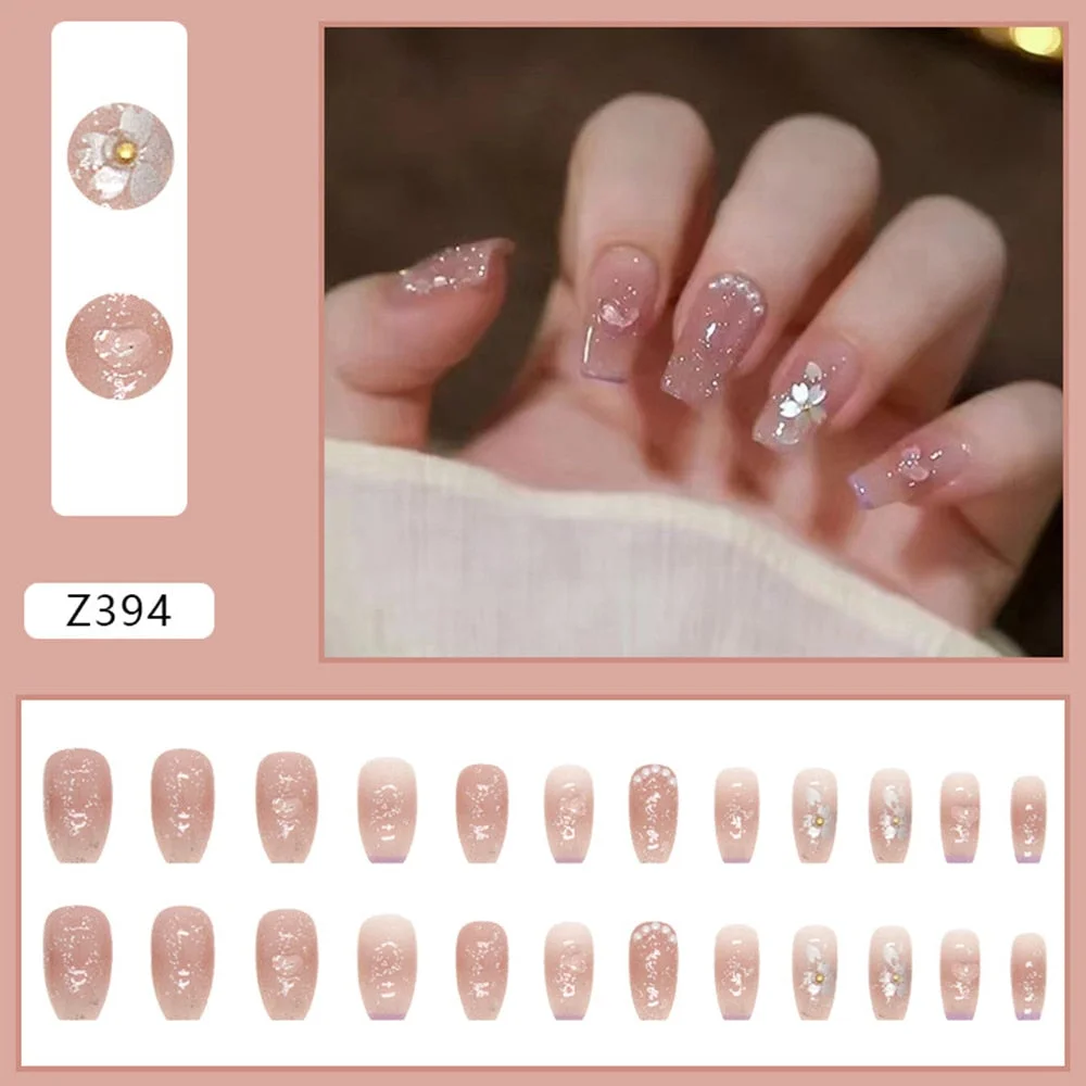 Fall nails Barbie nails Christmas nails 24Pcs False Nails Crystal Sequins with Pearl Diamond Decorations Ballerina Fake Nail Patch Press-on Nails Acrylic Manicure Tips