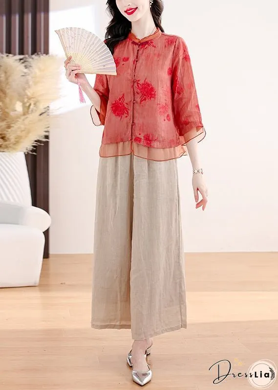 Plus Size Red Print Tops And Pants Linen Two Pieces Set Summer