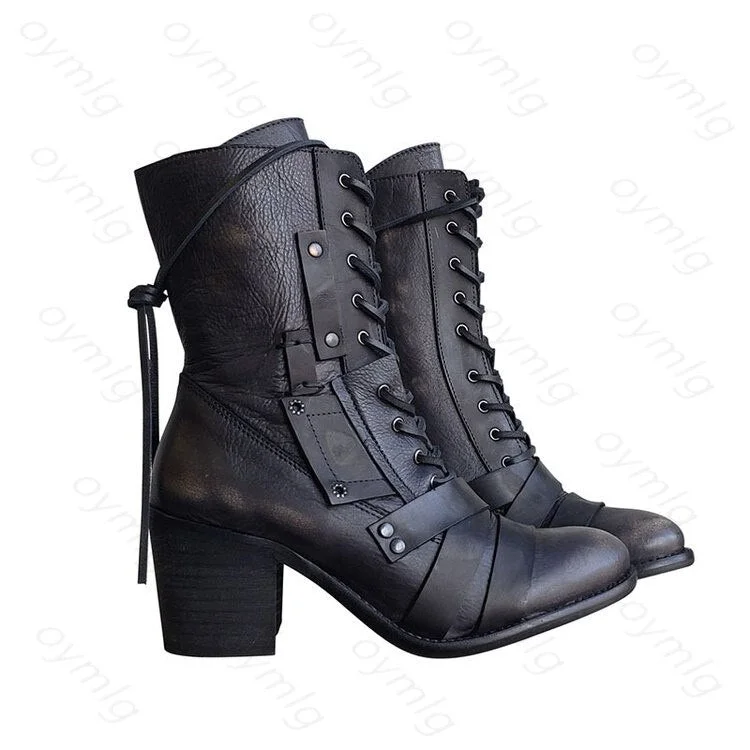 2020 New Women Winter Outdoor Lace-up Ankle Boots Ladies Square Heel PU Boot Plus Size 35-43 Casual Booties Woman Zapatos Mujer