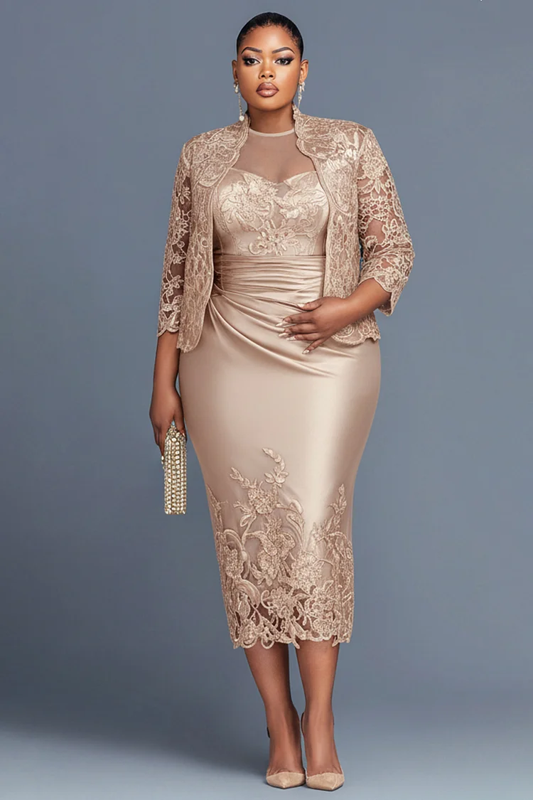 Xpluswear Design Plus Size Cocktail Party Lace Champagne Round Neck 3/4 Sleeve Contrast Bodycon Satin Two Piece Dress Sets Champagne-2XL/18-20
