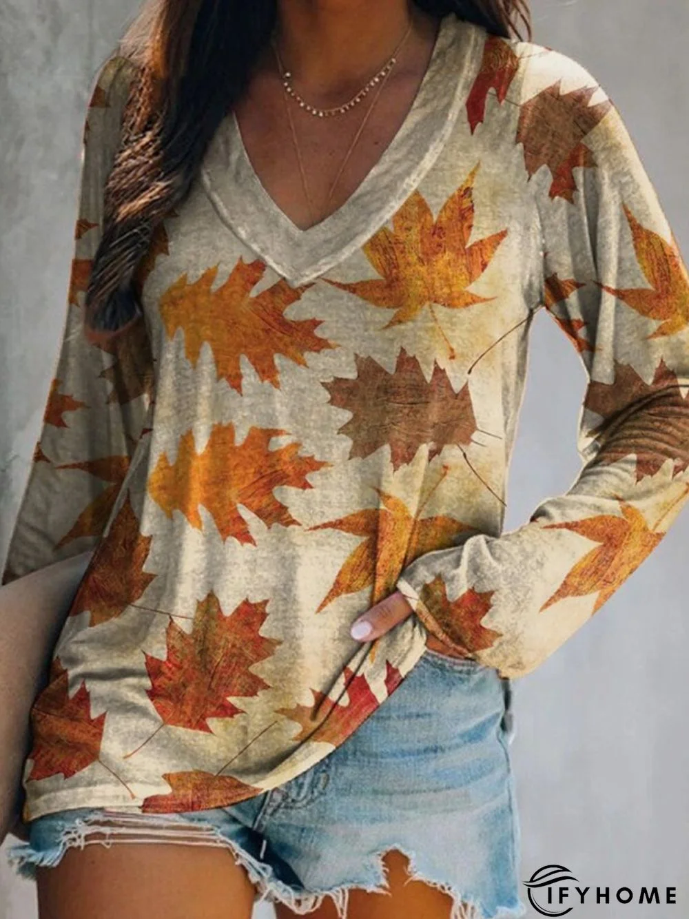Casual Long Sleeve V Neck Printed Top Tunic T-Shirt | IFYHOME