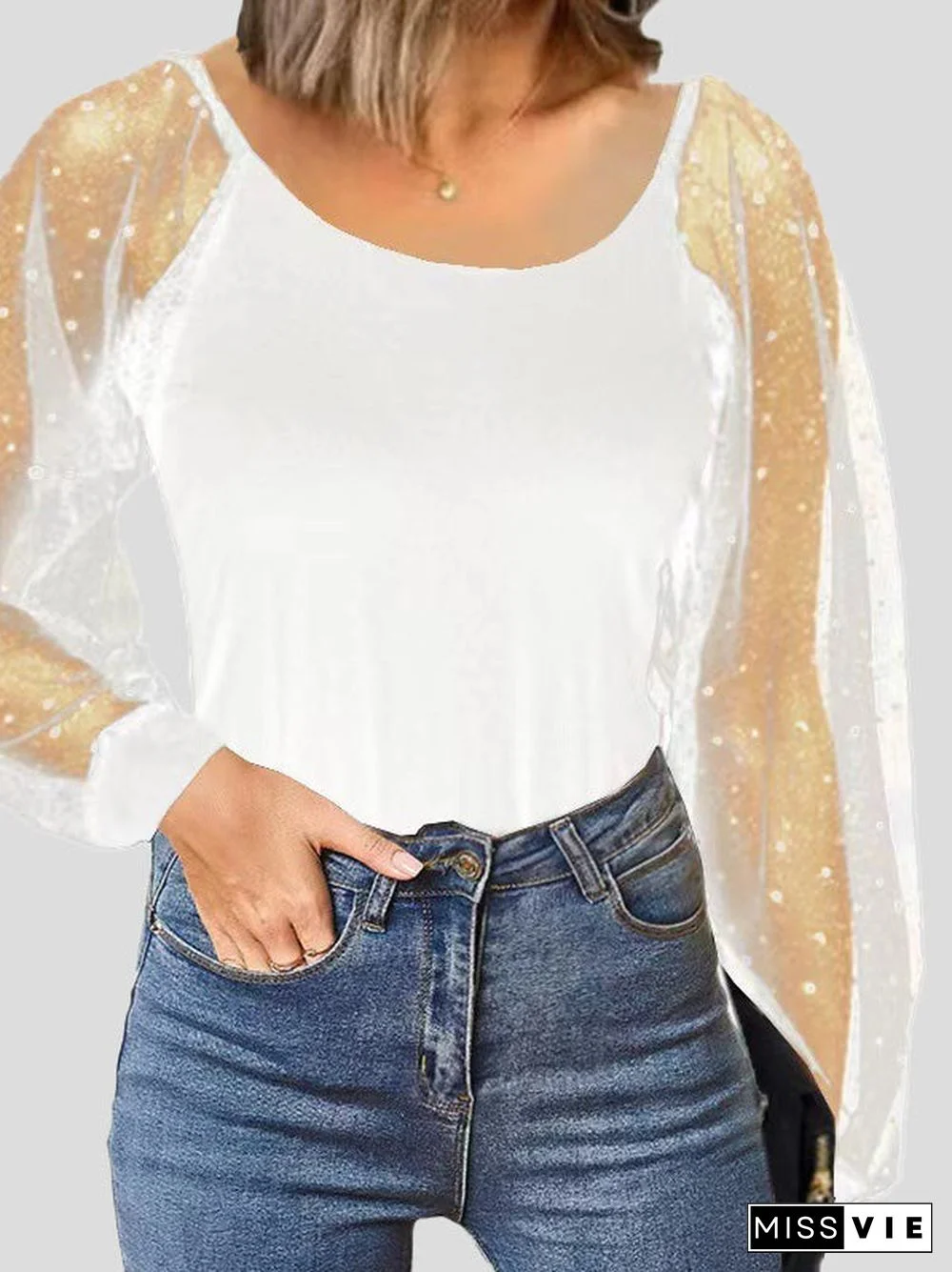 Women'S T-Shirts Loose Crew Neck Mesh Long Sleeve T-Shirt