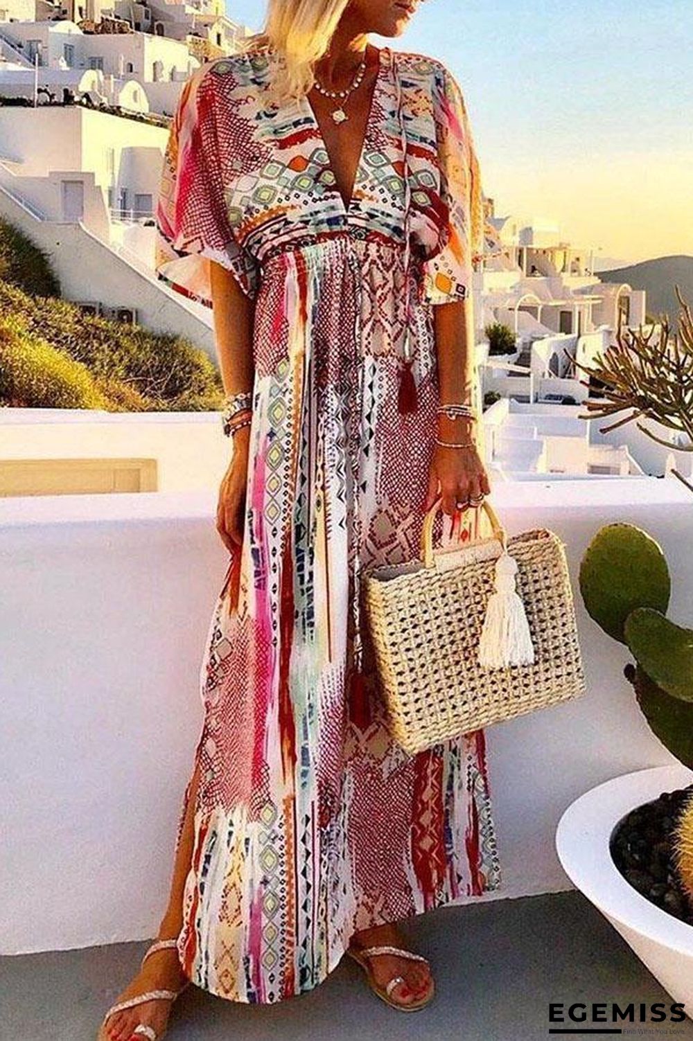 Bohemian Print Plunging Neck Maxi Slit Dress | EGEMISS
