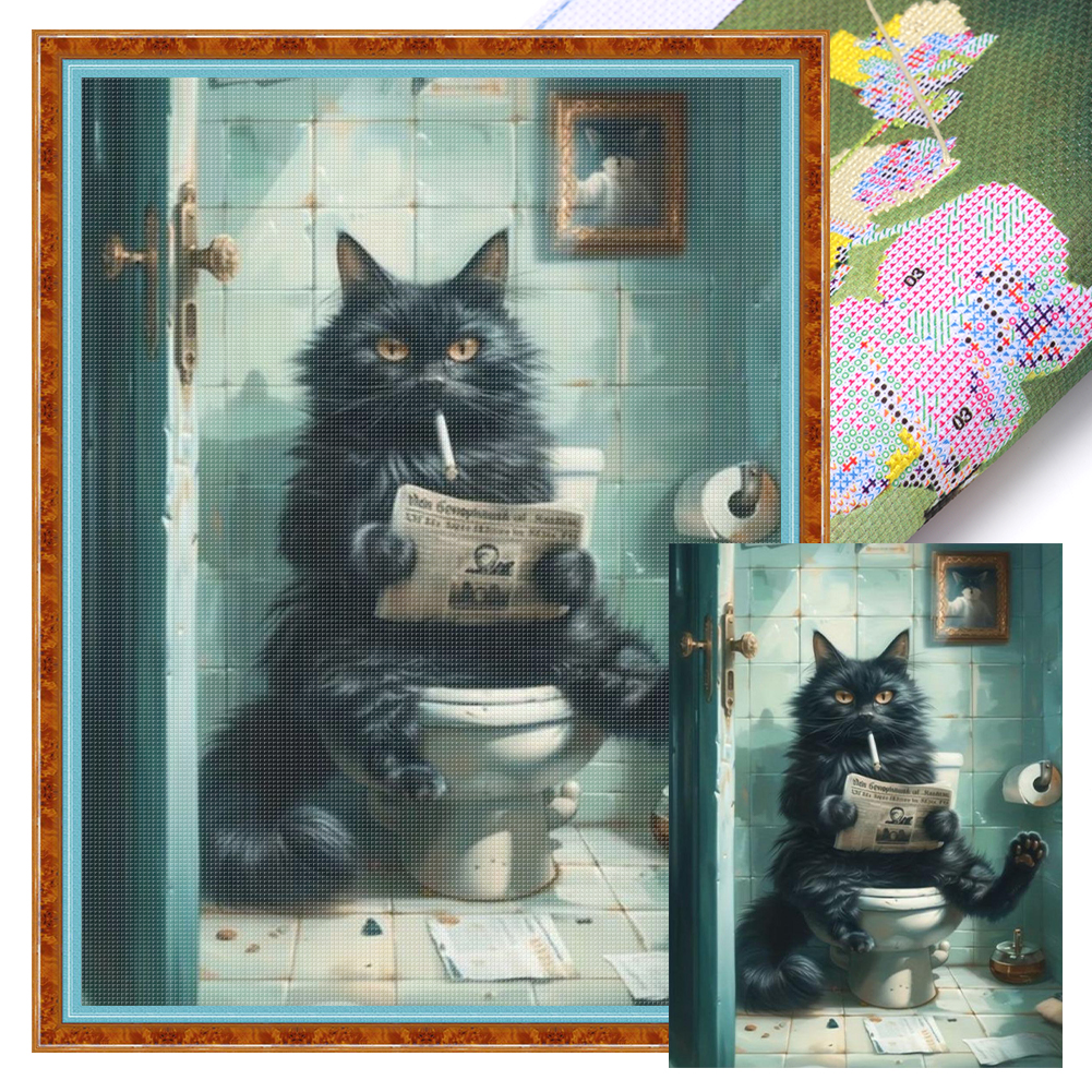 Cat Reading Newspaper In Toilet Full 11CT Pre-stamped Canvas(40*53cm) Cross Stitch