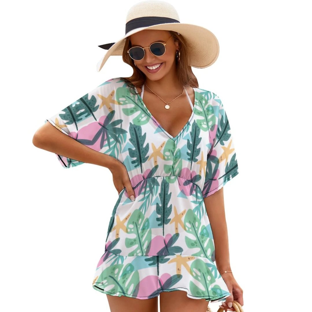 Otanical Pattern With Leaves Summer Beach Chiffon Mini Cover Up Dress