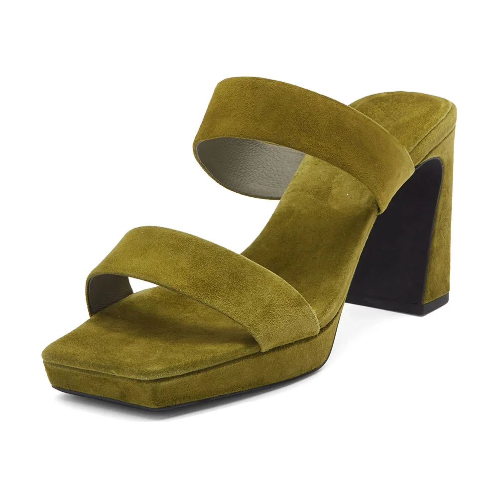 Olive Open Square Toe Chunky Heel Platform Two Strap Mules for Women 