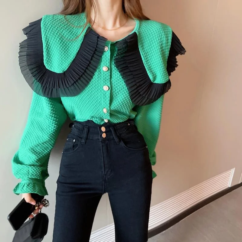 Big Peter Pan Collar Ruffle Womens Blouse Long Sleeve Green Chiffon Casual Tops Female Spring Autumn Shirt 2021 New