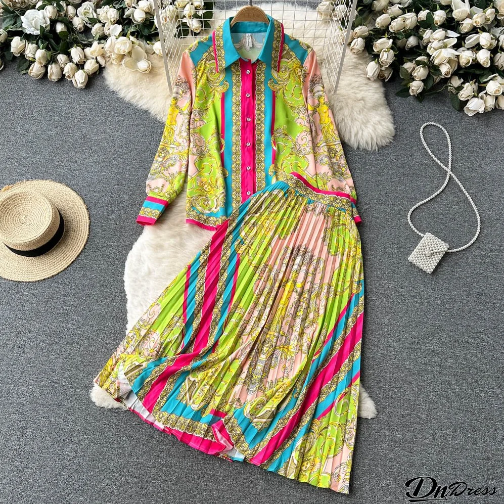 Printed Long-Sleeved Shirt Top High-Waisted Skirt Two-Piece Suit