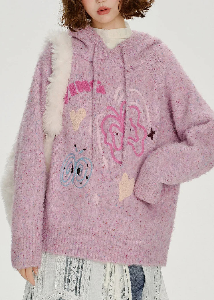 Casual Light Purple Hooded Jacquard Knit Loose Sweatshirt Winter