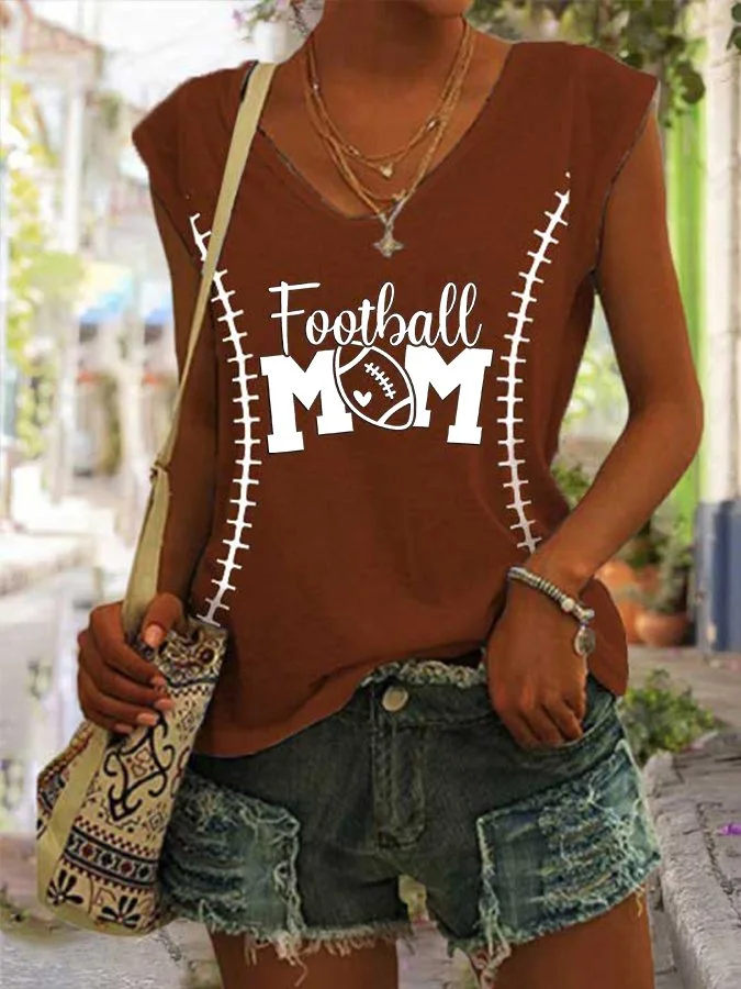 Women's Football Mom American Football Print V-Neck Sleeveless T-Shirt socialshop