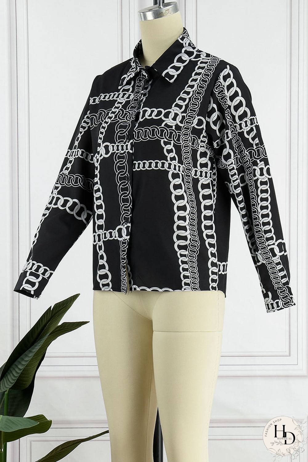 White Casual Print Patchwork Buckle Turndown Collar Tops