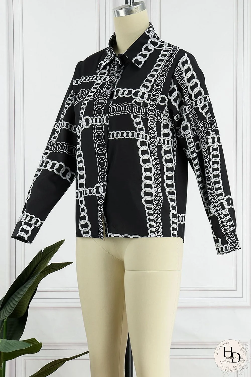 White Casual Print Patchwork Buckle Turndown Collar Tops