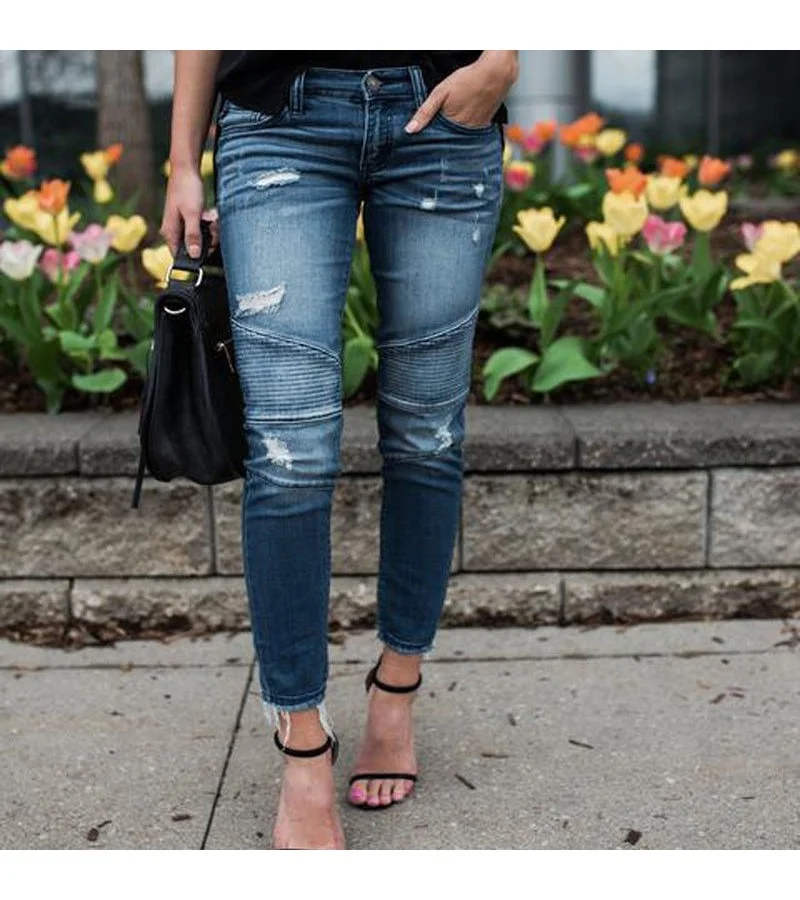 Women Ripped Pleated Skinny Jeans S-2XL