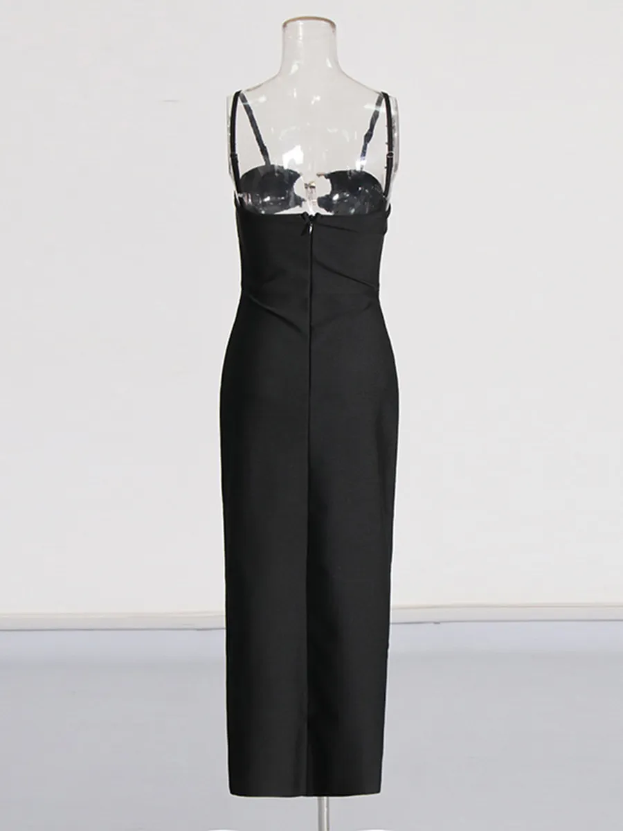 Brownm Small Metal Buckle Decoration Sexy Hollow Black Sling Dress Open Breast Design High-Leach Banded Skirt