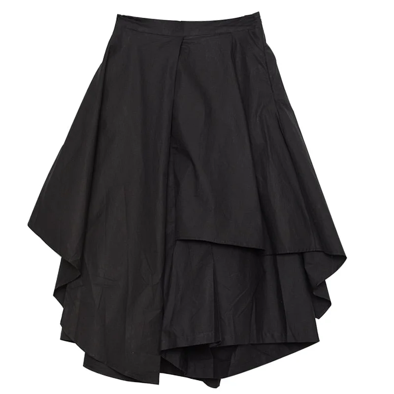 [EAM] High Elastic Waist Black Asymmetrical Wide Leg Trousers New Loose Fit Pants Women Fashion Tide Spring Autumn 2021 1N683