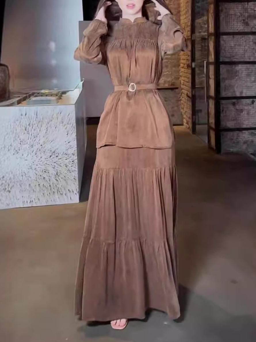 Elegant Solid Color Round Neck Pleated Slim Fit Top and Skirt Set | Oxredo Shop Ramadan Sale