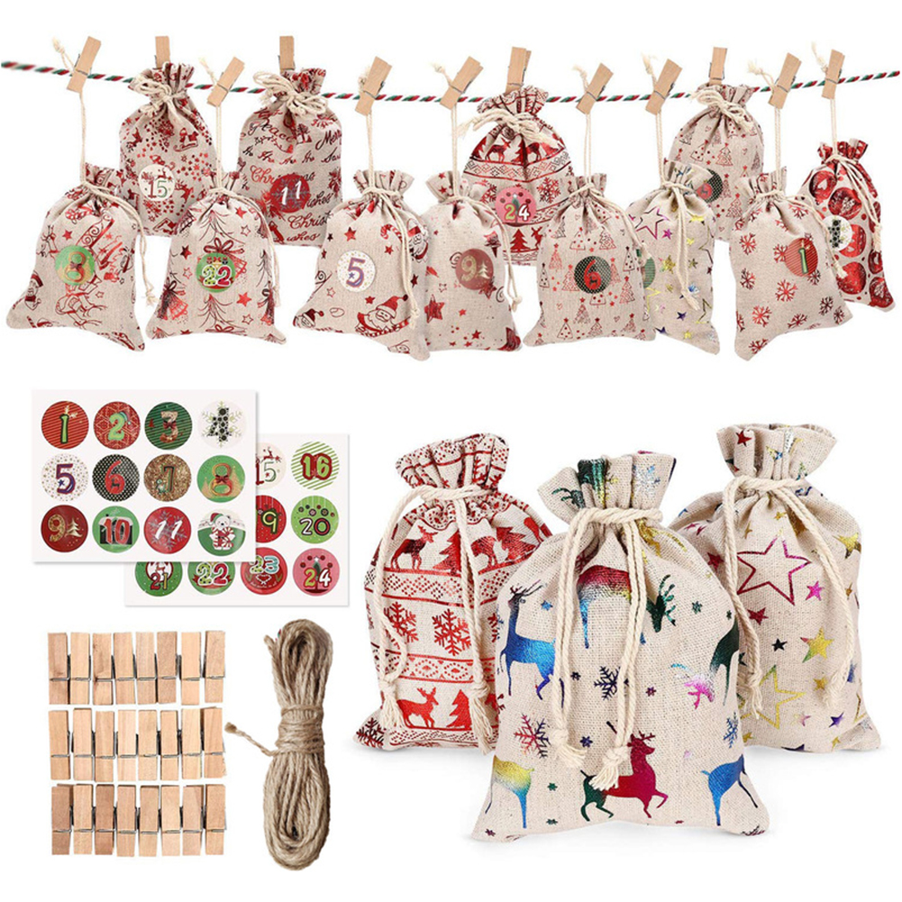 

24pcs/set Christmas Drawstring Bags Linen Hanging Burlap Candy Gifts Bags, 501 Original