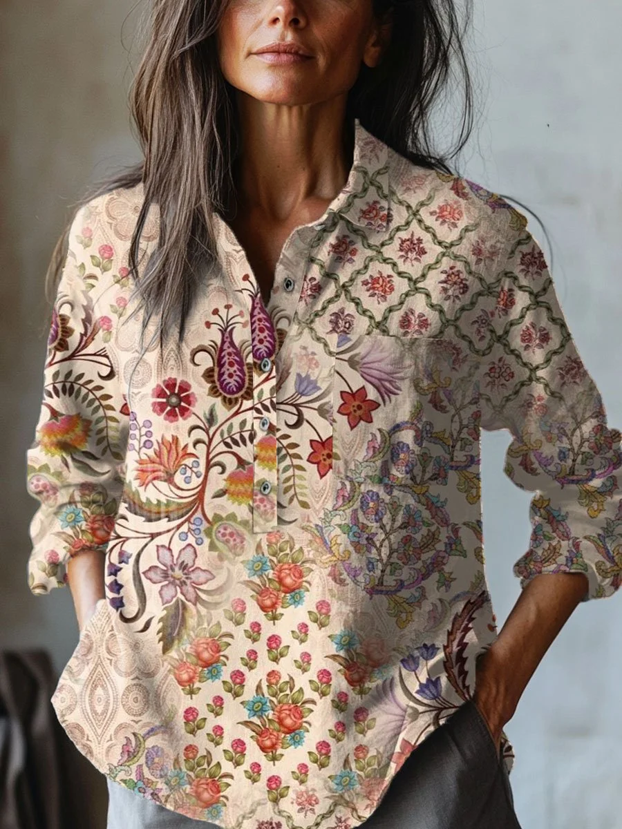 Women's Floral Art  Print Casual Cotton And Linen Shirt