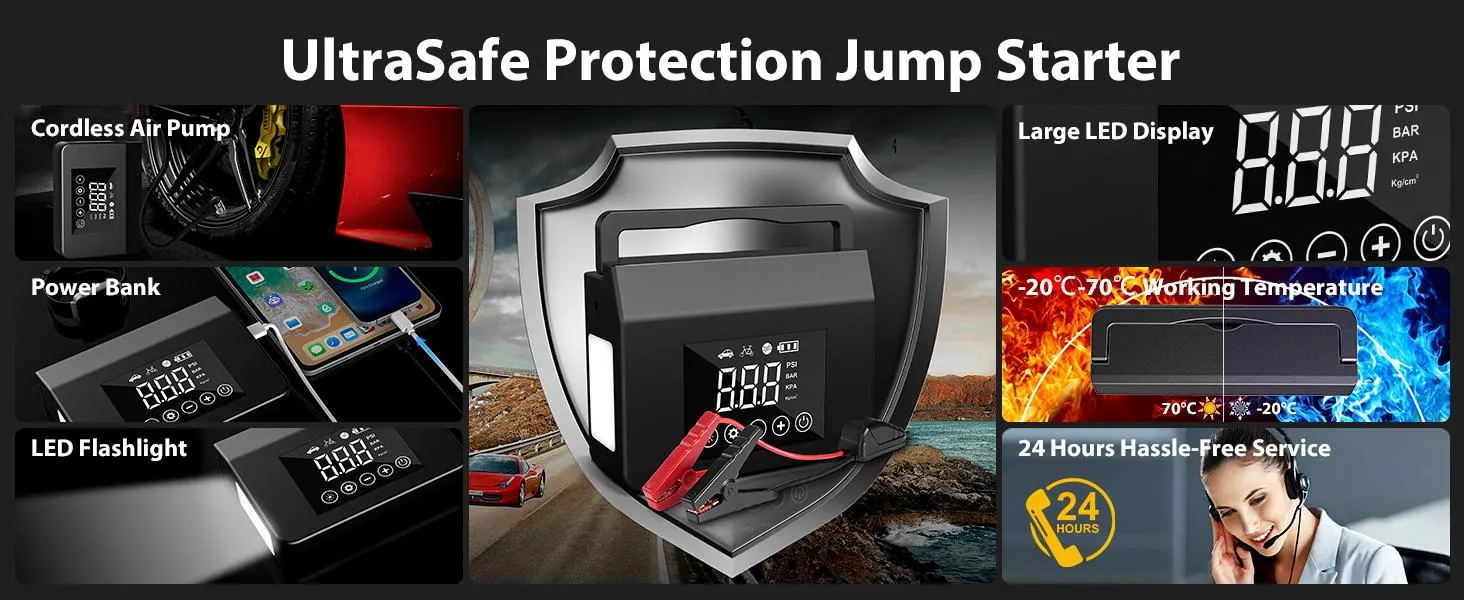 【Hieha】2026 All-Season Savior – 4000A Car Jump Starter with 150PSI Tire Inflator, 15000mAh Power Bank & LED Light, Reliable in -20°F, Compatible with Most Cars & Trucks, For All Driving Situations 【Hieha】2026 All-Season Savior – 4000A Car Jump Starter with 150PSI Tire Inflator, 15000mAh Power Bank & LED Light, Reliable in -20°F, Compatible with Most Cars & Trucks, For All Driving Situations