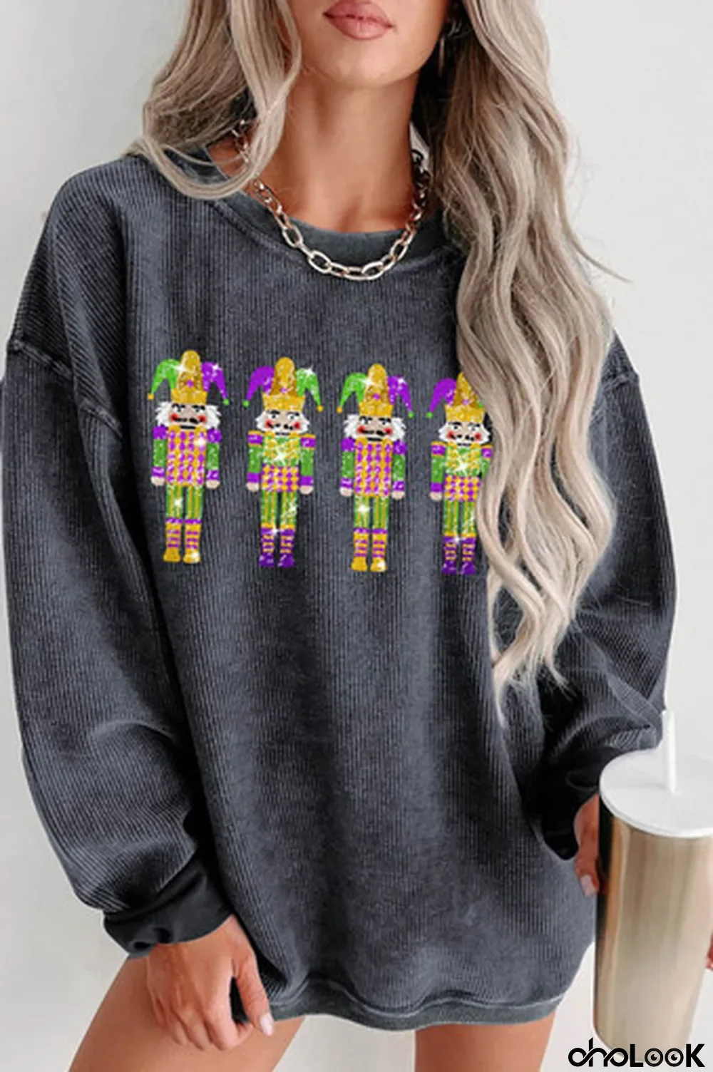 Gray Glitter Mardi Gras Nutcracker Patch Corded Sweatshirt