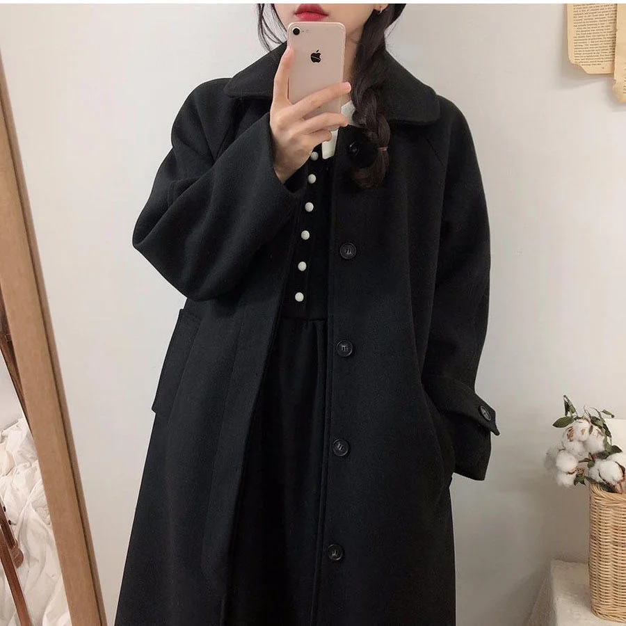 Christmas Gift Woolen Coat Women's Mid-length 2021 Winter New Korean Style Loose and Thin Thickened Over-the-knee Woolen Coat Parkas