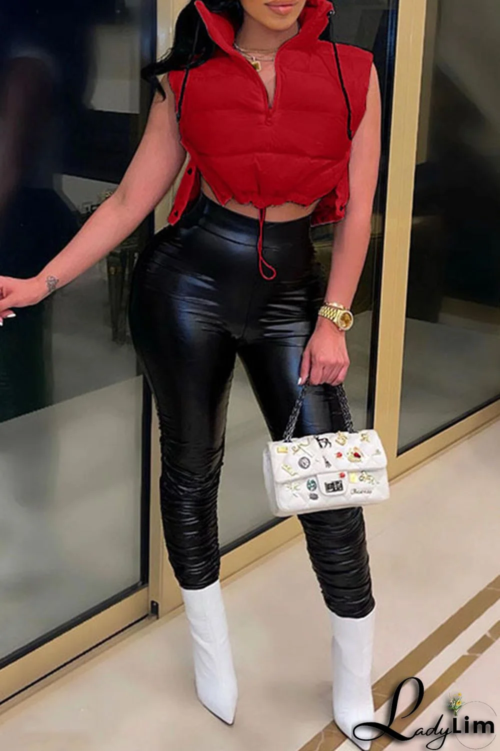 Tangerine Red Casual Street Solid Patchwork Draw String Buttons Zipper Outerwear